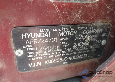 2001 Hyundai Santa Fe 2.7L V6 Gls/2.7L V6 Lx from USA, damaged, VIN KM8SC83D91U094513